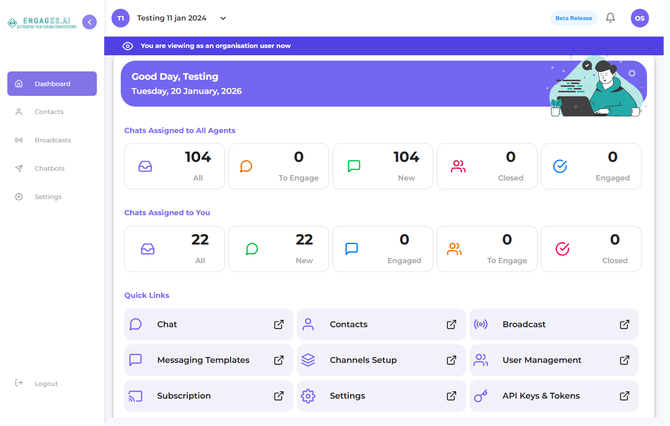 Dashboard page for Engages AI client